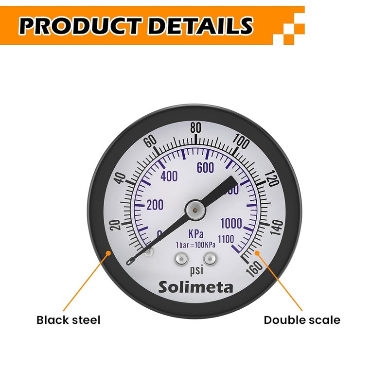 Solimeta Air Pressure Gauge for Air Compressor Air Filter, 2" Dial Center Back Mount, 1/4" NPT,0-160 Psi, 2PCS - Image 2